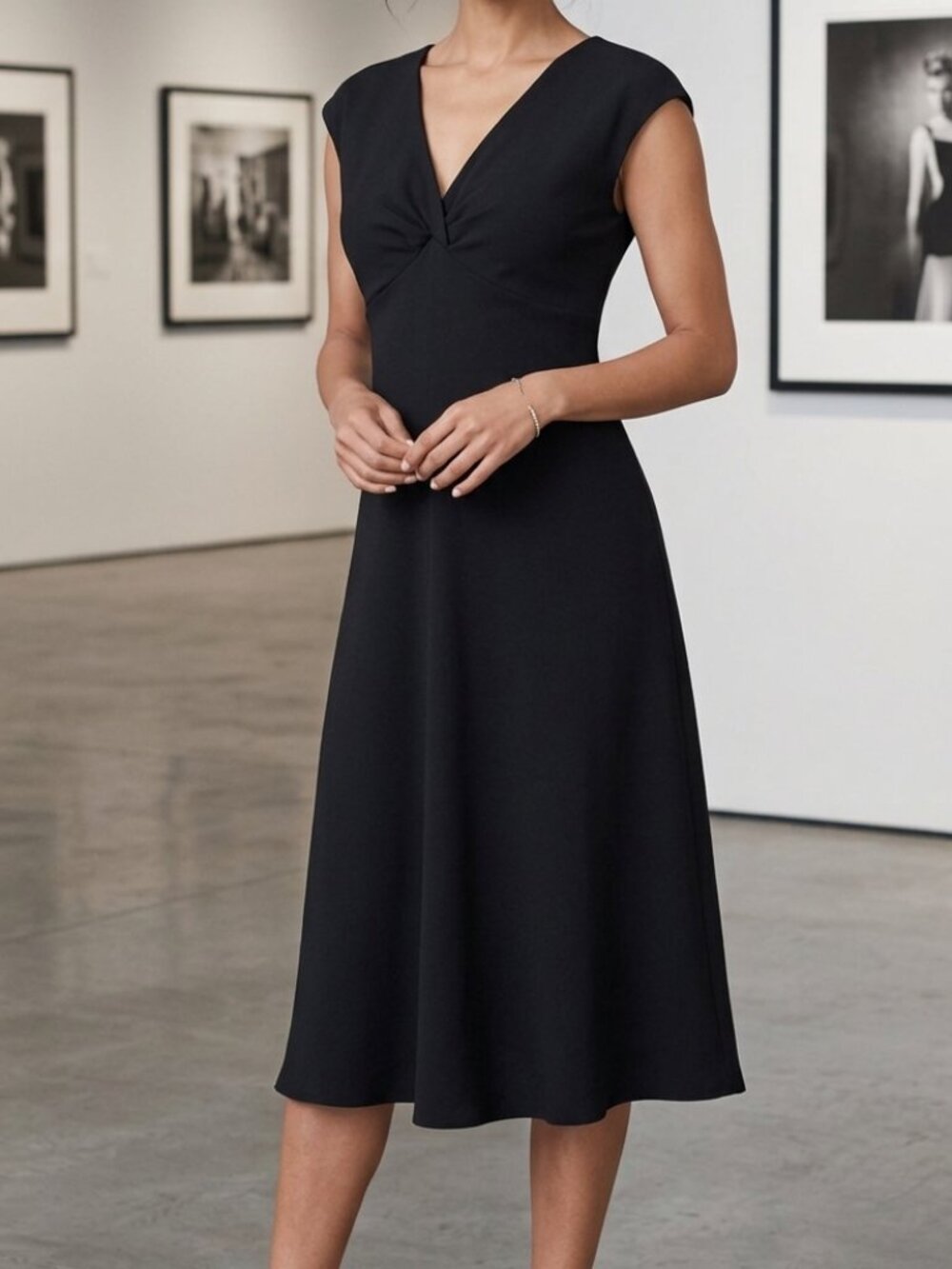 Black Cocktail Midi Maxi Vneck Flowy Baby Doll Cap Sleeve Dress LBD Size 14 CBK